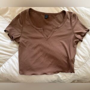 Brown Ribbed Crop Top